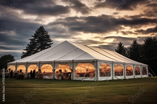 Wedding tent for celebrating a wedding in the summer outdoors, a festive indoor tent decorated with flowers in the evening light © pundapanda