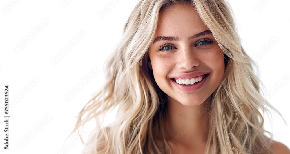 Portrait of young happy blonde woman. Skin care beauty, skincare cosmetics, dental concept, isolated over white background with copy space. Portrait of young happy blonde woman. Skin care beauty, skincare cosmetics, dental concept, isolated over white background with copy space.