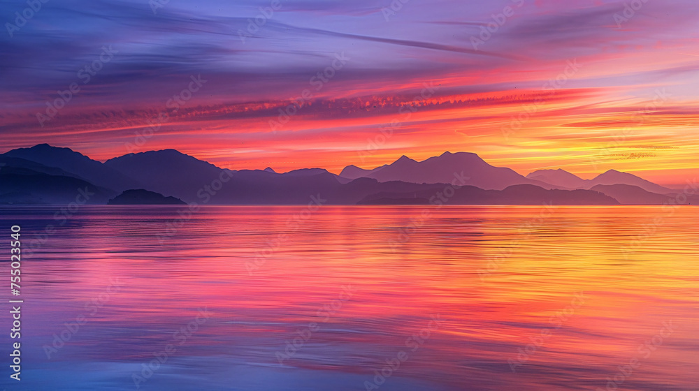 A colorful sunrise casting warm hues over a calm
