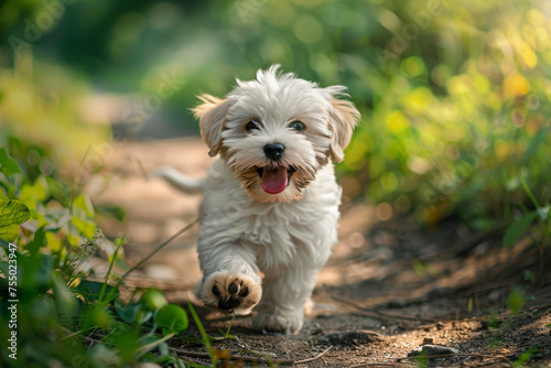 A contented puppy, tongue lolling, raises its paws. Its tail wags, leaving a trail of happiness