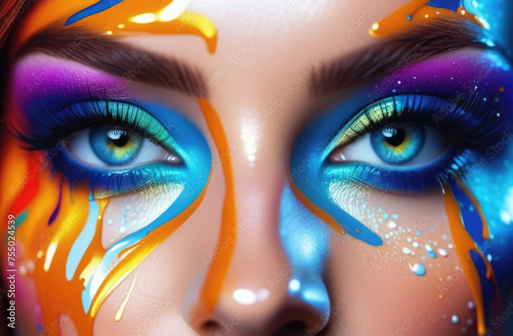Close-up portrait of a beautiful girl with bright make-up and multicolored paint on the face