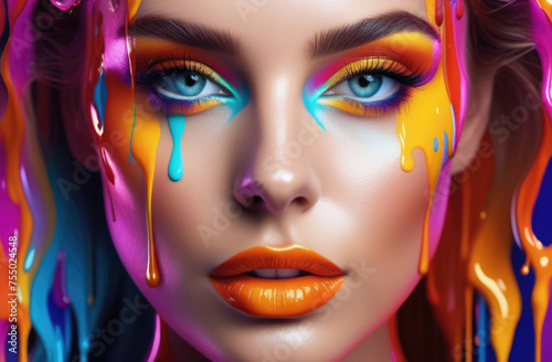 Close-up portrait of a beautiful girl with bright make-up and multicolored paint on the face © Ruslan Russland