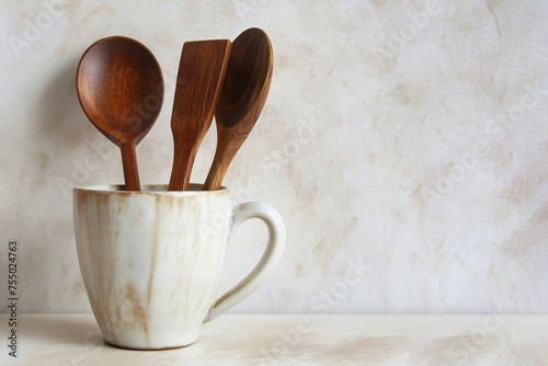 Wooden kitchen utensils background with copyspace, home kitchen decor concept, kitchen tools, cooking accessories in a cup. Restaurant, home cooking, culinary theme. Wooden spatulas and spoons.