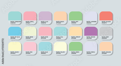 Pastel Color Palette in RGB HEX, Catalog Samples of Pastel Colors Vector, Pastel Color Guide Palette with Color Names. Color Palette Vector, Pastel Colors Palette, Fashion Trend Pastel Colors Switcher