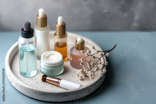 Skin care essence serum bottles with dropper on marble cosmetic tray on light background. Vitamins for skin. Hydrating anti aging serum and cream with collagen and peptides. Cosmetic, nature concept