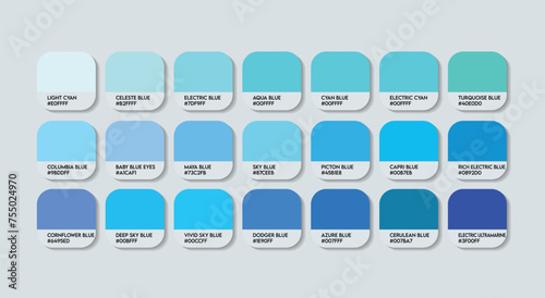 Light Blue Color Palette with Color Names. Catalog Samples Blue with RGB HEX codes and Names. Metal Colors Palette Vector, Wood and Plastic Blue Color Palette, Fashion Trend Blue Color Palette