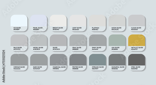 Gray Color Palette with Colors Names. Catalog Samples of Ash color with RGB HEX codes and Names. Metal Color Palette Vector, Plastic ash Colors Palette, Fashion Trend silver Color Palette, Gray