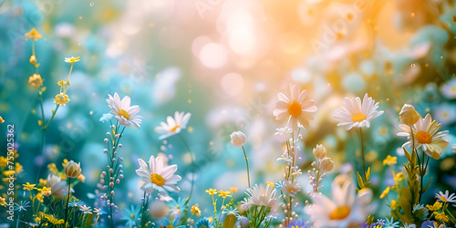 The background with beautiful spring flowers reminds of the awakening of nature with the beginning of the long-awaited spring. Pastel colors, blue shades. The banner. photo