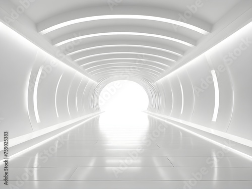 a futuristic  minimalist corridor that is mostly white