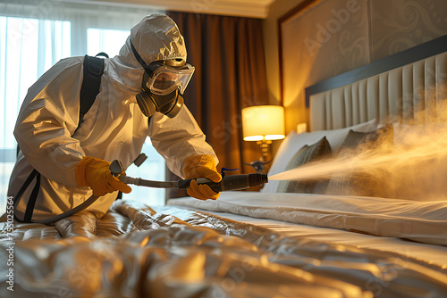 Work of an exterminator in a protective suit and breathing mask applying bed bug spray to a double bed in a hotel room 
