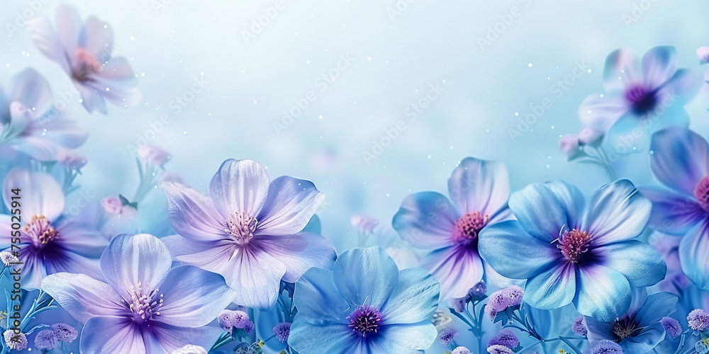 The illustration with purple flowers is a symbol of the revival of nature in spring. Delicate pastel colors. Banner, background for advertising and text