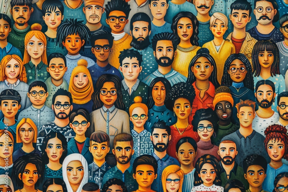 Multicultural community: Multinational and multigenerational faces with diverse features