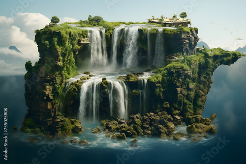 flying waterfall island  waterfall island in the air  flying island