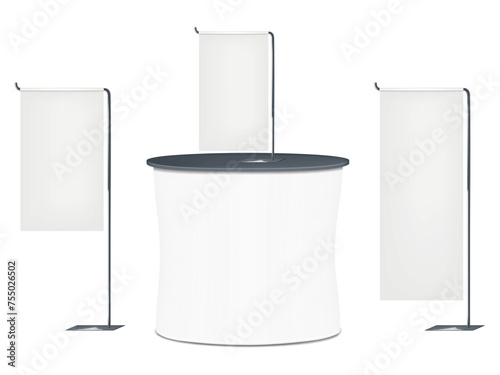 White tradeshow table counter, countertop and floor blank vertical banner signs different sizes. Trade show promotional set. Pop-up display stand kit. Template for design
