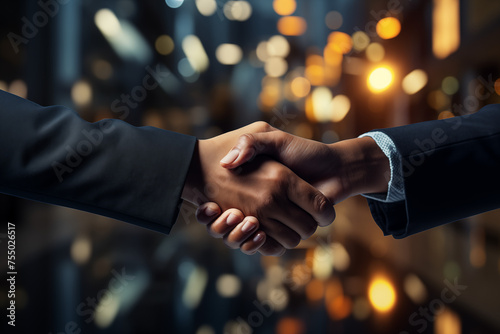 Successful Business Partnership: Two professionals in suits seal a deal with a handshake, symbolizing trust, cooperation, and teamwork in a corporate office setting