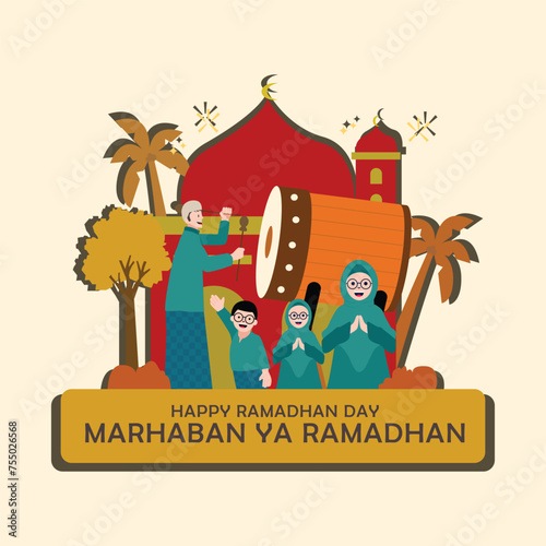 Flat design illustration Marhaban Ya Ramadan with man drumer and happy family with mosque background 