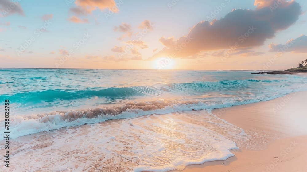 Breathtaking Sunset Over a Tropical Beach with Soft Ocean Waves