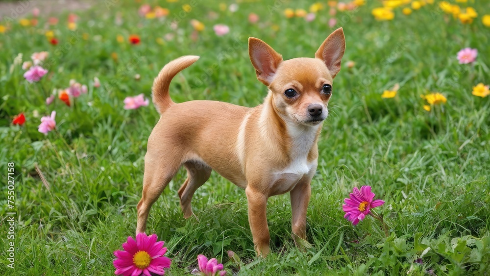 Red smooth coat chihuahua dog in flower field