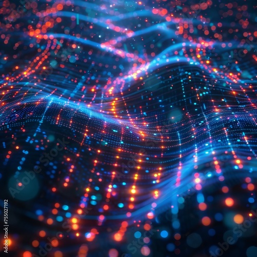 Glowing red and blue lights highlight dynamic connections in a visual representation of a digital network, illustrating data transfer and connectivity.