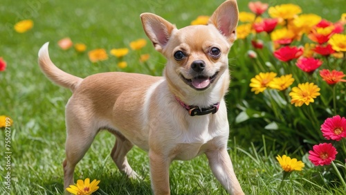 Red smooth coat chihuahua dog in flower field © QuoDesign