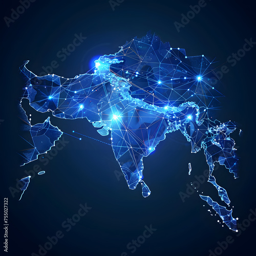 Abstract digital map of India globle network tech Concept of a globally connected world Cloud computing network connecting, A close up of a world map with many connected lines photo