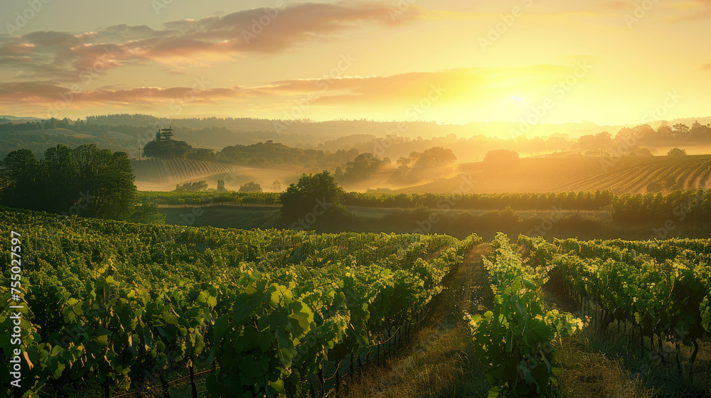 A breathtaking view of a vineyard at sunset with warm light bathing the rolling hills and grapevines
