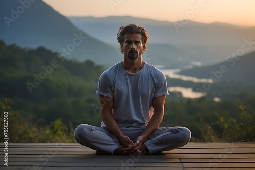 Handsome young man in sportswear sitting on yoga mat