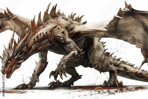 A fearsome dragon  battle-scarred  rears up. Its claws dig into the ground  and its eyes glow with ancient knowledge.