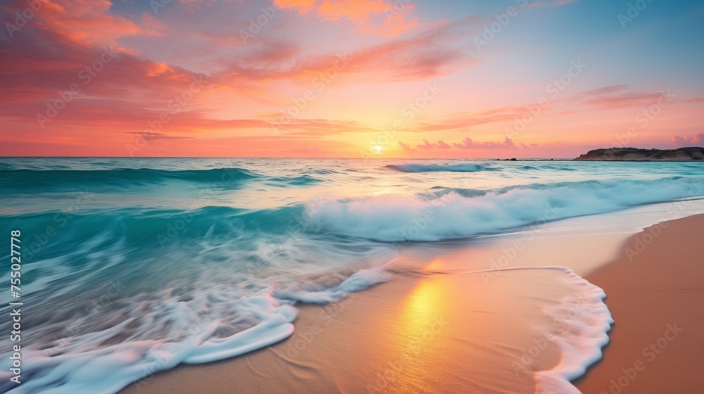 Vibrant Beach Sunset with Fiery Sky and Rolling Waves