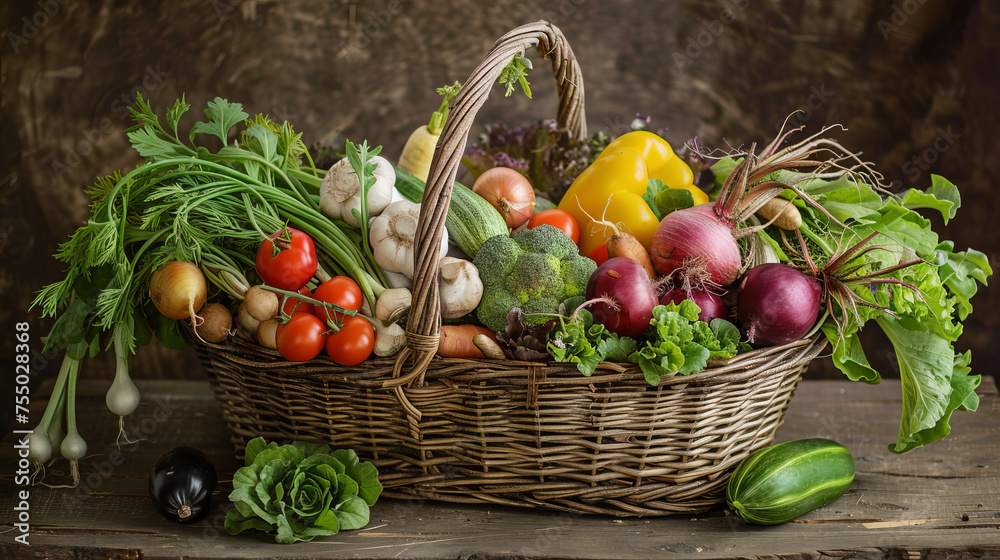 A rustic wicker basket filled with a variety of fresh, colorful organic vegetables on a wooden background A rustic wicker basket filled with a variety of fresh, colorful organic vegetables on a wooden background