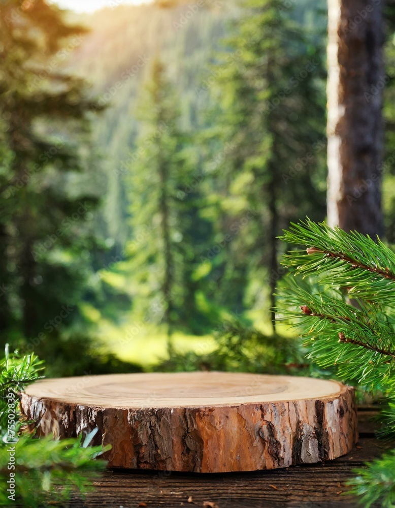Wooden podium on forest background. Product presentation Wooden podium on forest background. Product presentation