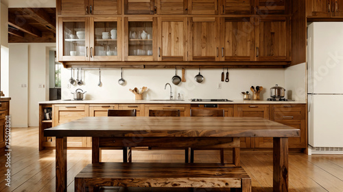 Wooden kitchen with large table in the foreground. Long solid wood table in large kitchen with household items. Furnishings  interiors  copy space and mockup. Dark wood and comfortable environment.