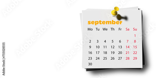 September 2024 calendar page with yellow push pin on white background, copy space, drop shadow. 3D rendered horizontal set of 12 month layouts. Week starts with Monday. Weekends marked in red.