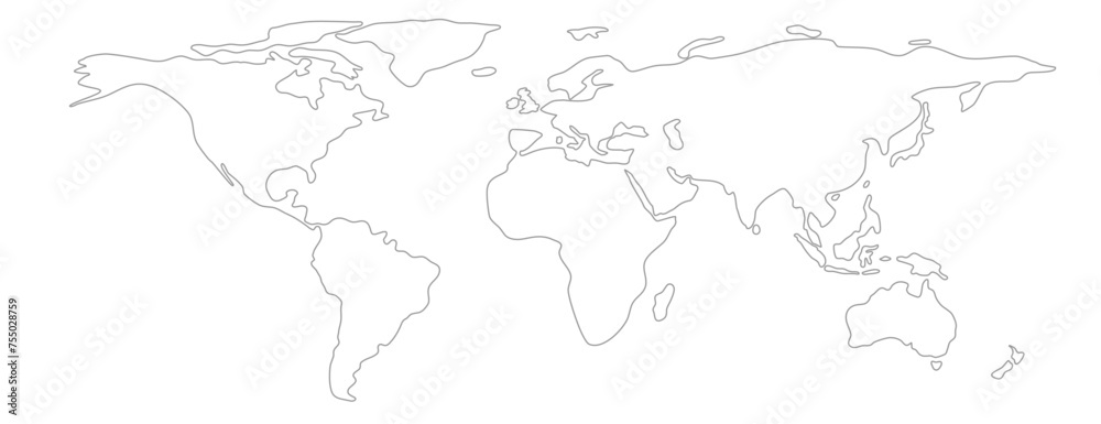 Grey outline world map on white background. Vector Illustration. - obrazy, fototapety, plakaty 