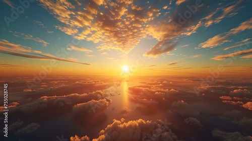 Stunning aerial view of a radiant sunset amidst the clouds. vivid skies and warm glow. perfect for background and nature themes. serene and inspiring. AI