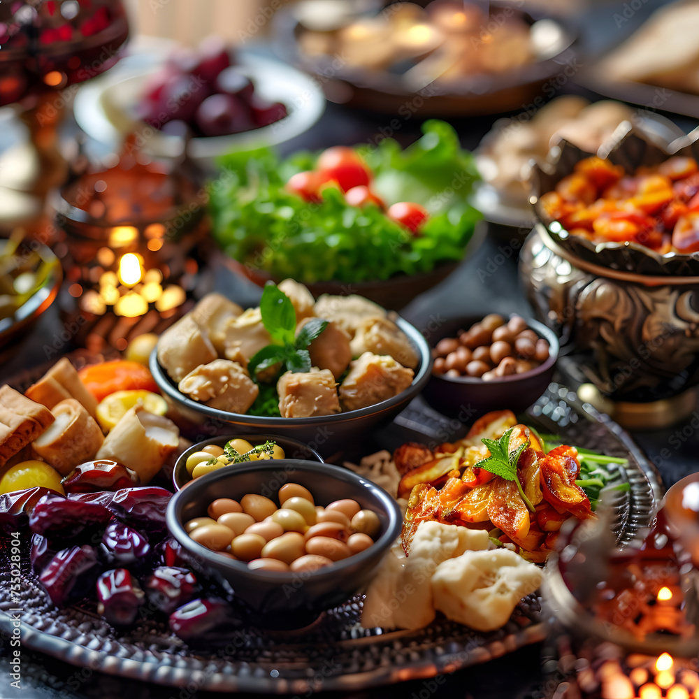 Traditional Ramadan iftar table set with delicious Middle Eastern delicacies and dates