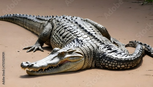A Crocodile With Its Tail Curled Beneath It Resti