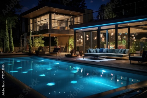 Enchanting Property night pool. Modern house with luxury exterior design. Generate Ai © juliars