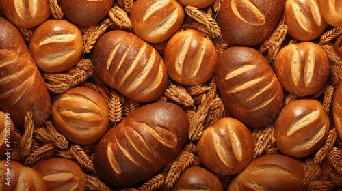 Golden Crusty Artisan Bread with Surrounding Wheat Grains