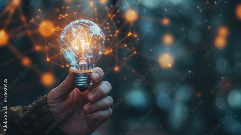 Businessman holding light bulb creative connection of futuristic technology internet network, New creativity and innovation are keys to business successful, Thinking and creative concept, Planning. - obrazy, fototapety, plakaty 