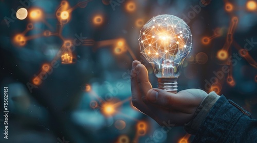 Businessman holding light bulb creative connection of futuristic technology internet network, New creativity and innovation are keys to business successful, Thinking and creative concept, Planning. photo