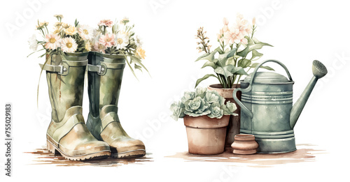 Fototapeta Naklejka Na Ścianę i Meble -  Watercolor of gardening boots and plants