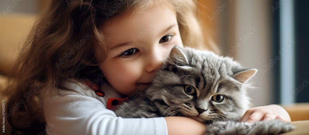 Joyful Little Girl Cuddling a Happy Cat in a Tender Moment of Love and Connection