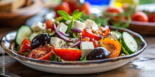 Greek Salad served in summer cafe in rustic plate