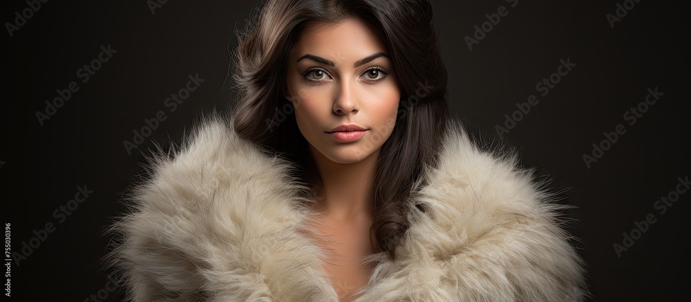 Elegant Woman with Long Hair in Stylish Fur Coat Fashion Portrait