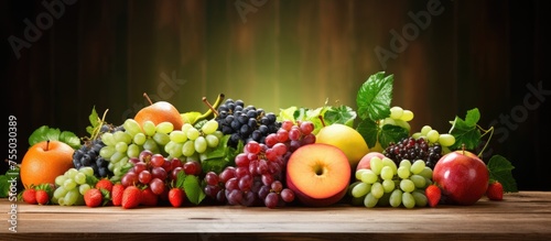 Fototapeta Naklejka Na Ścianę i Meble -  Abundant Fresh Fruits Displayed on Rustic Wooden Table at Farmers Market