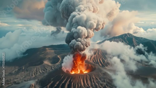 Aerial view of a large volcano erupting A large volcano erupts, releasing hot lava and gases into the atmosphere. volcanic erosion Revealing the night sky Showcasing the enchanting nature photo