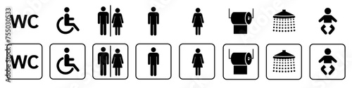 Toilet icons set, toilet signs, WC signs collection, male female restroom, handicap wheelchair access, baby changing room photo