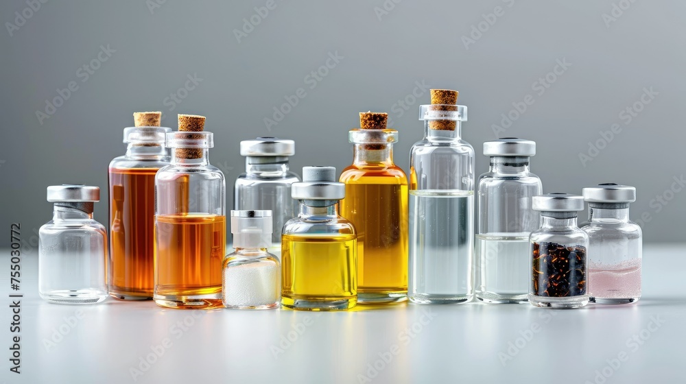 Array of Bottles Containing Various Colored Liquids