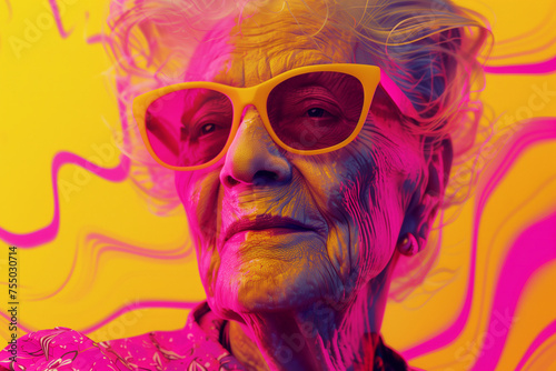 Chic Retro Wave Grandmother with Stylish Sunglasses, Nostalgic Vibes and Timeless Elegance. Trendy Senior Woman Flaunting Vintage Coolness